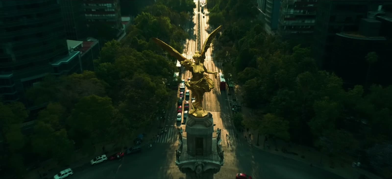 El Angel de la Independencia from above, Paseo de la Reforma receding behind it