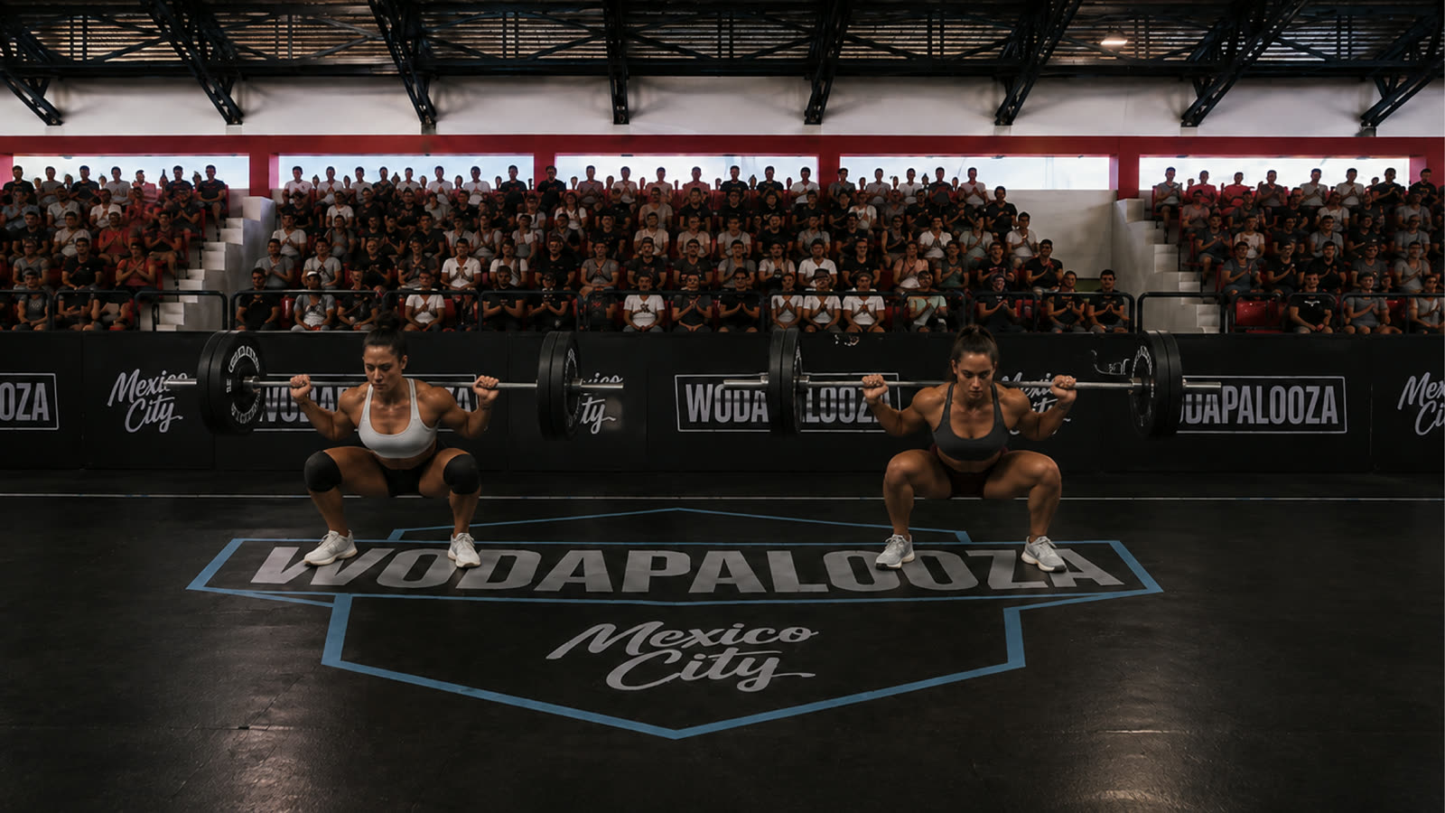 Two athletes lifting on the main competition floor, with the crowd in the stands behind